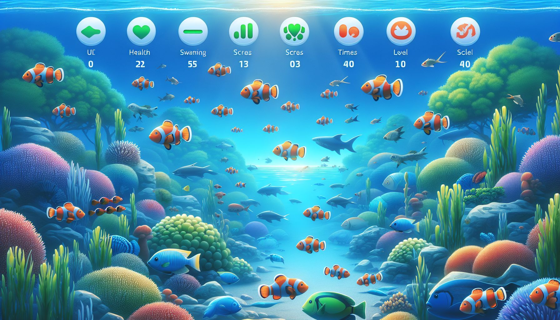 Vibrant fishing game scene with underwater fish and game interface